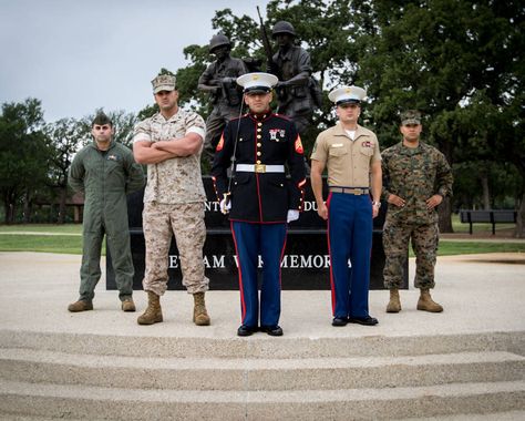 Marine Corps recruiters out of Recruiting Sub-Station Arlington, Texas wear different Marine Corps uniforms at Veterans Park ... representing the honorable, proud history of the Marine Corps. Marine Corp Aesthetic, Marine Corps Bootcamp Parris Island, Us Marine Corps Uniforms, Us Marines Uniform, Usmc Dress Blues, Marine Corps Uniforms, Usmc Uniforms, Marines Uniform, Patriotic Photos