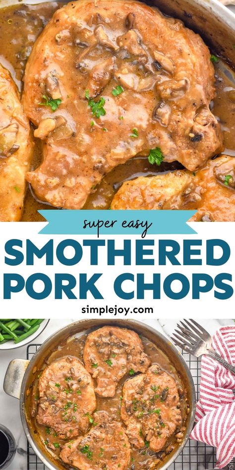 These Smothered Pork Chops are perfect comfort food. Made with simple ingredients and a delicious mushroom gravy, you'll love this great dinner! Smothered Pork Chops Crock Pot, Mushroom Soup Pork Chops, Pork Chop Sauce, Healthy Pork Chop Recipes, Pork Crock, Crock Recipes, Best Pork Chop Recipe, Smothered Pork Chops Recipe, Easy Gravy Recipe