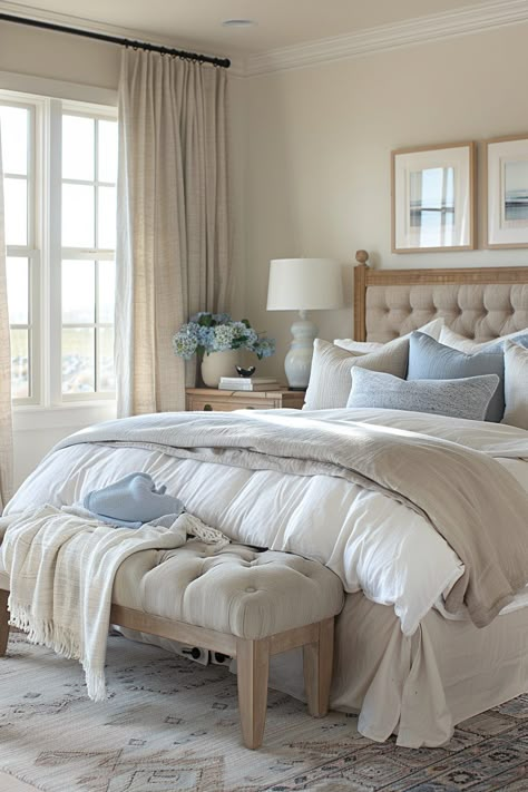 29 Beige Bedroom Ideas 4 Cozy Coastal Bedroom, Bedroom Color Scheme Ideas, Beige Bedroom Ideas, Restful Bedrooms, Layered Bedding, Fall Bedroom Ideas, Personalized Bedroom, Color Scheme Ideas, Blue Bedroom Decor