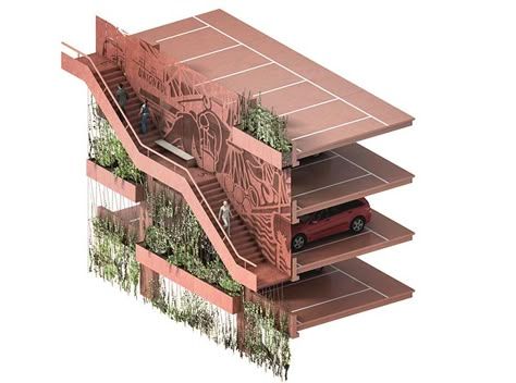 JAJA Architects Reinvent the Parking Garage as a Green Community Space with Park 'n' Play | Inhabitat - Green Design, Innovation, Architecture, Green Building Car Park Architecture, Car Park Design, Parking Plan, Park Architecture, Green Community, Parking Building, External Staircase, Play Car, Green Facade