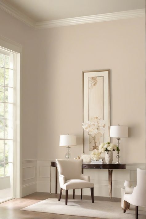 1. Timeless beauty 
2. Elegant paint 
3. Pale Oak color 
4. Benjamin Moore 2024 Pale Walnut Paint, Pale Bedroom Paint Colors, Elegant Room Color Ideas, Light Tan Walls Living Rooms, Pale Oak Walls Living Room, In The Moment Paint Color, Sand Color Paint Living Room, Paint Cream Color, All Over Wall Color