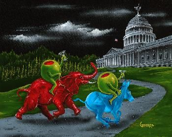 "Political Party Animals" by Michael Godard  -  available as a signed and numbered limited edition giclee on canvas, a gallery proof on canvas, or an artist's proof on canvas Rainbow Fruit Kabobs, Godard Art, Michael Godard, Jim Warren, Olive Art, Champagne Grapes, The Otherworld, Superman Wallpaper, Home Artwork