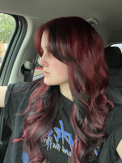 Dark Red Hair Black Highlights, Burgundy Peak A Boo Highlights, Red Hair With Black Front Pieces, Black W Red Highlights, Black Lowlights In Red Hair, Red With Light Red Highlights, Dark Red Hair Color Highlights, Cherry Red Hair With Black Highlights, Dark Cherry Red And Black Hair