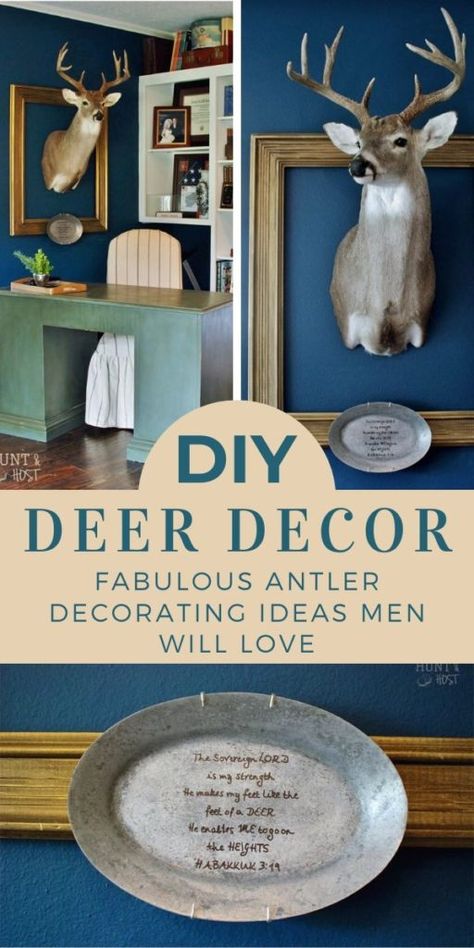 What to do with a deer head or other hunting mounts that your husband wants to hang in your home. Compromise with this simple solution to hanging game in your home. #deerdecor #hunting Deer Mounts In Living Room, Decorating With Deer Mounts, Deer Mount Decor, Diy Hunting, Deer Head Decor, Deer Heads Mount, European Mount, Hunting Diy, Deer Mounts