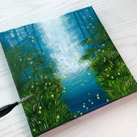 Acrylic painting tutorial of fireflies in dreamy forest Fireflies Acrylic Painting, Mini Forest Painting, Fantasy Forest Painting, Enchanted Forest Painting, Firefly Painting, Firefly Forest, Boho Line Art, Dreamy Forest, Acrylic Painting For Beginners