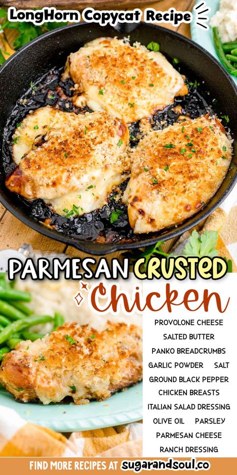 Parmasean Cheese Recipes, Chicken Christopher Recipe, Chicken With Provolone Cheese, Longhorn Copycat Recipes, Provolone Cheese Recipes, Longhorn Parmesan Crusted Chicken, Chicken Season, Crusted Chicken Recipes, Longhorn Steakhouse