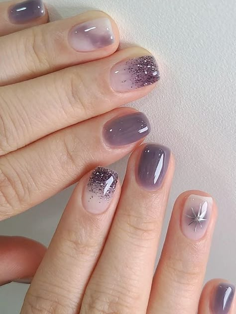 Korean Nails Purple Jelly, Gray Summer Nails, Korean Jelly Nail Art, Gray Jelly Nails, Translucent Jelly Nails, Nail Art Cute Korean, Translucent Nails Acrylic, Nail Art Ungu Lilac, Lilac Jelly Nails