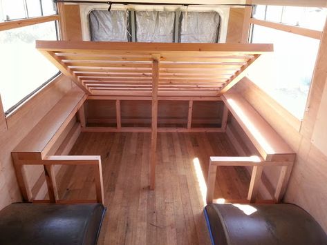 Bendy Bus House: 9. Fire escape hatch, lift up bed & lights Caravan Renovation Diy, Lift Up Bed, Bus Tiny House, Diy Caravan, School Bus Camper, Caravan Decor, Caravan Makeover, Small Camper, Airstream Remodel