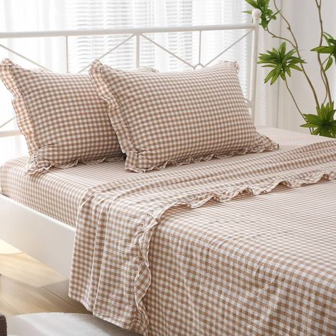 K MASANIJI Taupe White Plaid Ruffle Sheets Queen Size 4-Piece Set, 300TC 100% Yarn Dyed Washed Cotton Checker Sheets 18'' Deep Pocket Farmhouse Gingham Decorative Bedding（Taupe/White Plaid, Queen） : Amazon.ca: Home Printed Bed Sheets, Gingham Sheets Bedding, Fall Bed Sheets, Cute Sheets Bed, Gingham Bedding Aesthetic, Fall Sheets, Checkered Sheets, Cute Sheets, Gingham Bedding