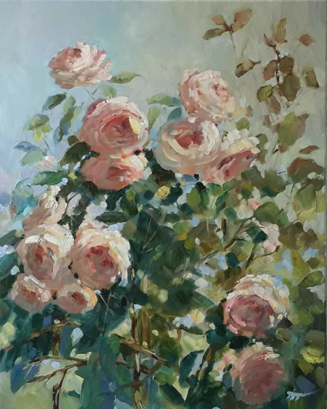 Rococo Flowers Painting, Rose Garden Oil Painting, Vintage Flower Painting Acrylic, Oil Pastels Flowers, Flower Oil Pastel, Oil Pastel Flowers, Rococo Paintings, Rococo Painting, Rose Oil Painting