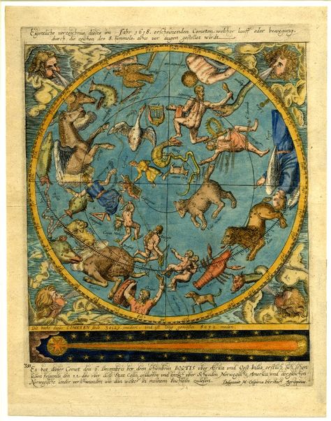 A map of the celestial globe with comet. 1618 Engraving illuminated in watercolour and gold Producer namePublished by: Caspar Hersbach  School/styleGerman  Date1618 Ancient Astronomy, Ancient Astrology, Celestial Globe, Celestial Map, Alchemy Art, Star Maps, Astrology Art, Print Map, Ancient Maps