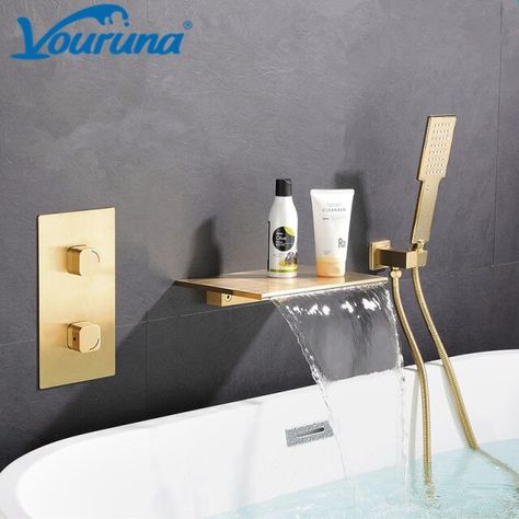 VOURUNA Wall Mounted Waterfall Bathtub Faucet Bath Filler Shower Mixer Tap Spout with Hand Shower Black/Brushed Golden/Chrome _ - AliExpress Mobile Waterfall Tub Faucet, Wall Mounted Bath Taps, Bathtub Filler, Wall Mount Tub Faucet, Metal Tub, Freestanding Tub Filler, Bathroom Inspiration Modern, Roman Tub Faucets, Waterfall Faucet