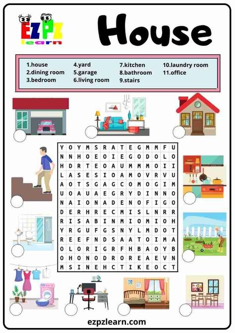 Free Printable Word Search Game Worksheet For English Learners Topic House House Worksheets For Kids, House Activities For Kids, English Game Worksheet, English Crosswords Worksheets, English Puzzles For Kids, Crosswords For Kids, Things In The House Worksheet, Wordsearch For Kids, Rooms In A House