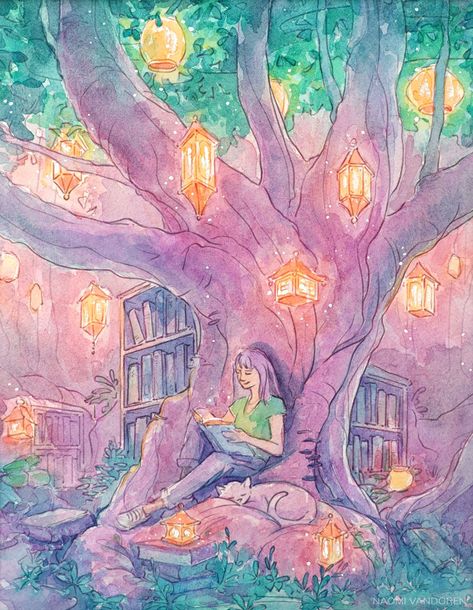 Lantern Tree - Every Day Original Naomi Vandoren, Lantern Tree, Paint Journal, Magical Lake, Sunset Blush, Magical Illustration, Grease Pencil, Magic Portal, Peach Butter