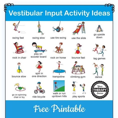 Vestibular Input Activities and Ideas to Help Children - Your Therapy Source Vestibular Seeking Activities, Vestibular System Activities, Vestibular And Proprioceptive Activities, Vestibular Input Activities For Kids, Vestibular Sensory Activities, Proprioception Activities For Kids, Atnr Reflex Integration Activities, Vestibular Activities Kids, Proprioceptive Activities For Kids