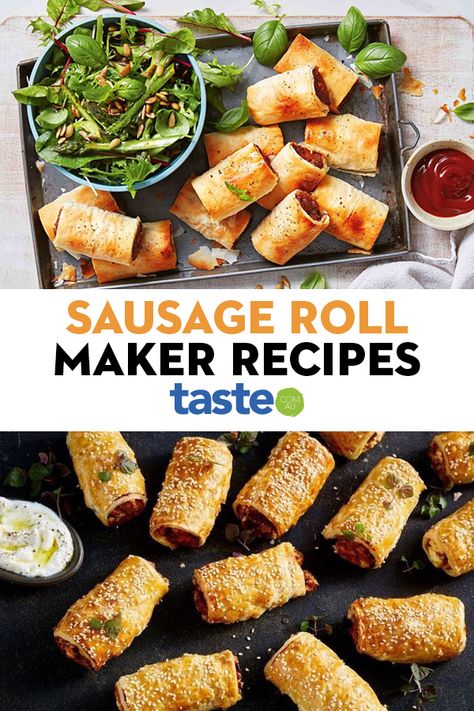 Move over pie maker, there’s a new gadget in town! Put your new Kmart sausage roll maker to work with these simple and delicious recipes. The best part? There’s no need to turn on the oven! #kmart #kmartsausagerollmaker #sausagerolls #fingerfood #partyfood #australia #australian #australianrecipes Sausage Roll Pastry, Sausage Snacks, Best Sausage Roll Recipe, Sausage Roll Recipes, Mini Pie Maker, Easy Puff Pastry Recipe, Pie Maker Recipes, K Mart, Panini Grill