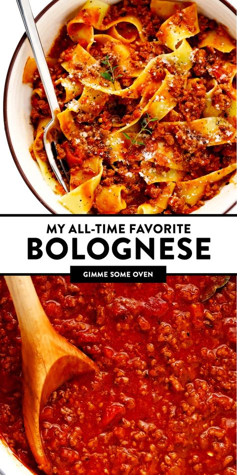 This amazing Bolognese sauce recipe is slow-simmered with a rich tomato base, a delicious blend of beef and pork, and the coziest blend of garlicky herb seasonings.  Serve with pasta, gnocchi, or roasted eggplant and enjoy! | gimmesomeoven.com #bolognese #italian #meat #sauce #marinara #pasta #spaghetti #dinner #beef Giada's Bolognese Sauce, Bolganese Sauce Recipe, Boston Pizza Bolognese Sauce Recipe, Italian Bolognese Sauce Authentic, Best Spaghetti Bolognese Recipe, Bolognese Recipes, Bolognese Sauce Authentic, Best Bolognese Sauce, Beef Bolognese