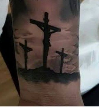 3 Crosses Tattoo Men Bicep, 3 Wooden Crosses Tattoo, Three Crosses Tattoo For Men, 3 Cross Tattoos For Men, 3 Crosses Tattoo Men, Opaque Tattoo, Three Crosses Tattoo Design, 3 Crosses Tattoo Design, Crucifixion Tattoo