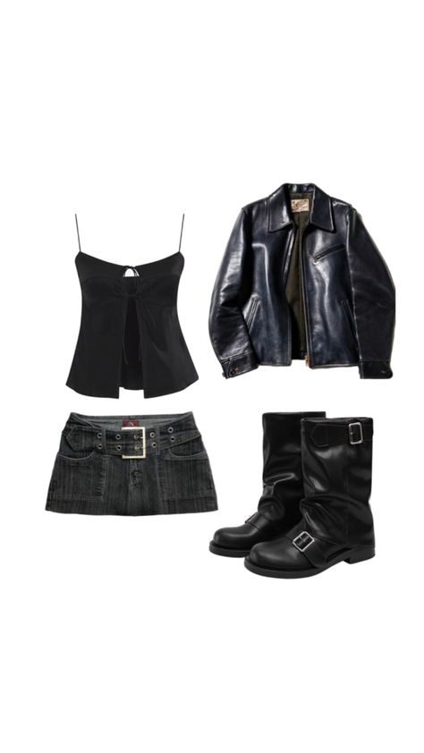 rockstar girlfriend aesthetic, leather jacket, mini skirt Rockstar Gf Club Outfit, Band Girlfriend Aesthetic Outfits, Rockstar Girlfriend Party Outfit, Cute Leather Outfits, Leather Grunge Outfit, Girly Rockstar Outfit, Rock Stars Gf Outfits, Rock Stars Girlfriend Outfits, Foo Fighters Concert Outfit Ideas