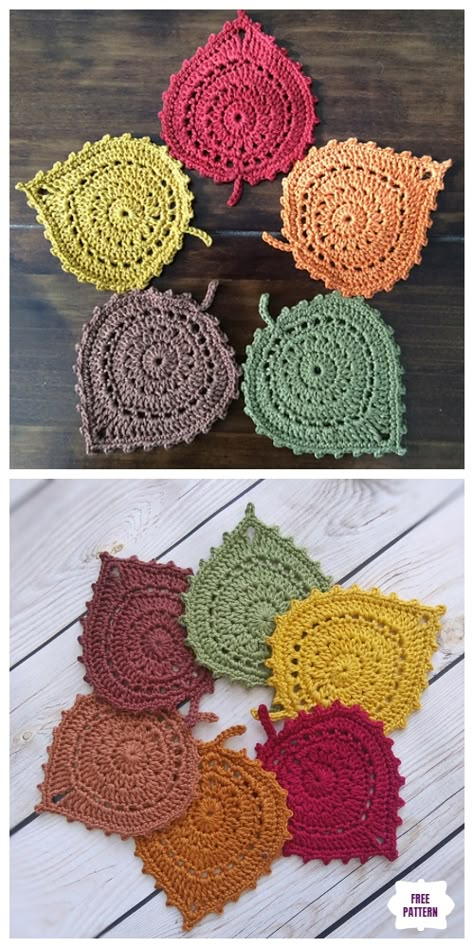 Crochet Leaf Coaster, Leaf Coaster, Blanket Inspiration, Motifs Granny Square, Crochet Leaf, Chic Crochet, Easy Knitting Projects, Coaster Pattern, Crochet Coaster Pattern