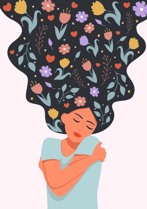 Woman With Flowers In Hair, Woman With Flowers, Illustration Flower, Naive Illustration, Creative Concept, Closed Eyes, Flower Illustration, Vector Illustrations, 2024 Vision Board