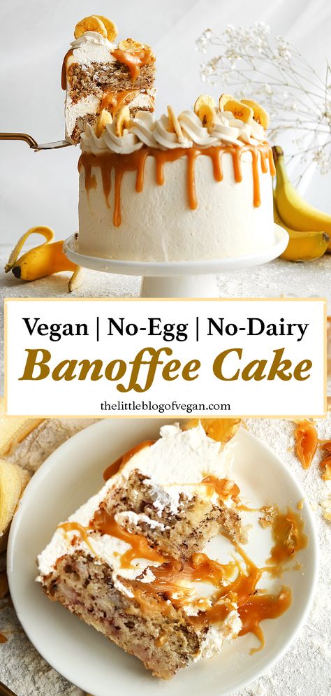 Tall Pinterest pin of a vegan banoffee cake. Vegan Cake Ideas, Vegan Baking Recipes Desserts, Moist Vegan Cake, Vegan Cakes Easy, Dairy Free Cake Filling, Vegan Poke Cake, Vegan Recipes Baking, Vegan Banana Cake Recipe, Fancy Vegan Desserts