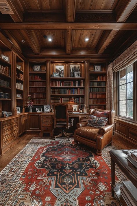 Home Study Room Personal Library, Man Study Room, Cozy Home Office Ideas, Homely Decor, Family Photo Display, Chalet Style Homes, Hunting Office, Library Den, Small Library