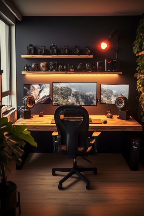 Trending Wall Art, Home Office For Man, Modern Home Offices, Home Office Layout, Home Studio Setup, Minimalist Office, Office Layout, Office Inspo, Studio Setup