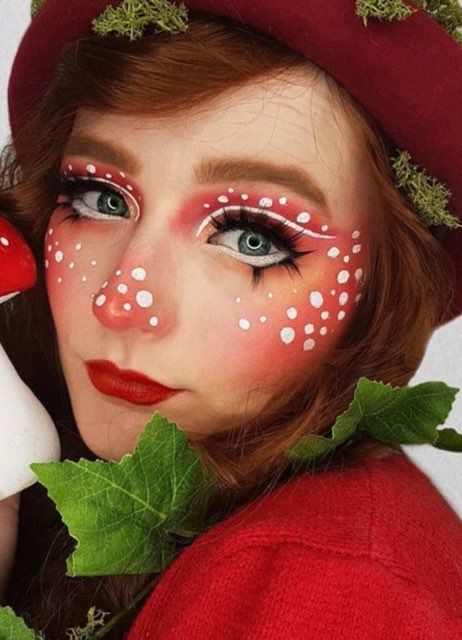 Mushrooms Makeup, Red Mushroom Costume, Mushroom Makeup Halloween, Mushroom Fairy Makeup Looks, Cute Mushroom Makeup, Mushroom Queen Costume, Mushroom Fairy Outfit Ideas, Red Mushroom Fairy Costume, Mushroom Inspired Makeup