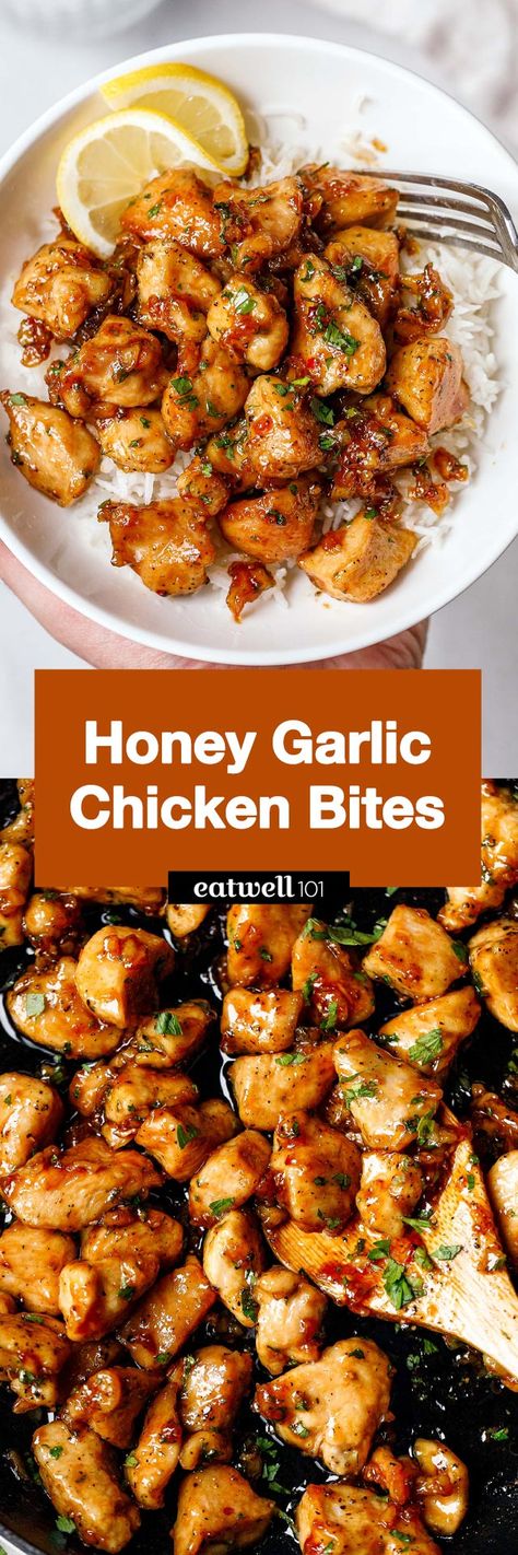 Honey Garlic Chicken Bites, Garlic Chicken Bites, Easiest Dinner, Chicken Bites Recipes, Garlic Chicken Recipes, One Skillet, Health Dinner, Honey Garlic Chicken, Chicken Bites