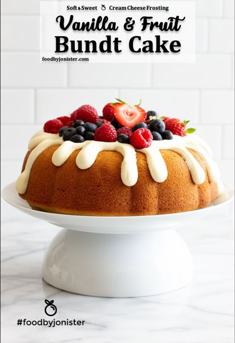 Bundt Cake With Fruit, Bundt Cake With Cream Cheese Frosting, Healthy Loafs, Vanilla Fruit Cake, Vanilla Cake With Fruit, Bundt Cake Cream Cheese, Fruit Bundt Cake, Bundt Cake Cream Cheese Frosting, Birthday Bundt Cake