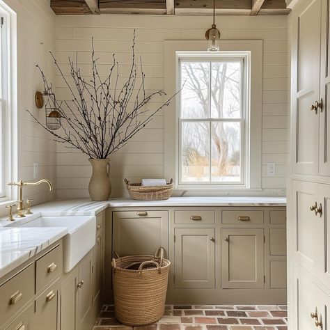 A laundry room that will make you want to do laundry…maybe 😉 I love this rustic European inspired space complete with brick floors, shiplap walls, and exposed beams above. I love all of the ample storage space too! What’s your favorite part? AI Design: @oakhavendesignco . . . . . . . #virtualdesign #virtualdesignservices #virtualhomedesign #moodboards #laundryroom #laundry #brickfloors #exposedbeams #shiplap #rustichomedecor #aihomedesign #AI #bedroom #europeanfarmhouse #europeanorganic ... European Farmhouse Laundry Room, White Wash Shiplap, Brick Floors, White Wash Walls, Rustic European, Shiplap Walls, Farmhouse Laundry, Farmhouse Laundry Room, European Farmhouse