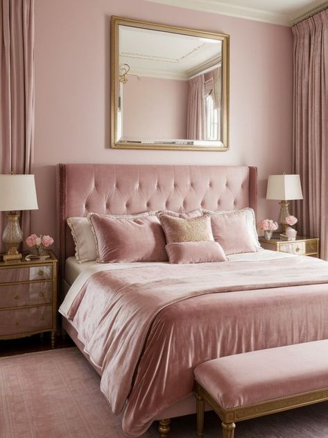 Pink Wall Pictures, Old Money Bedroom Aesthetic, Aesthetic Wall Pictures, Old Money Bedroom, Girly Interior, Interior Design Pink, Tufted Headboard Bedroom, Rose Gold Bed, Pink Decor Ideas