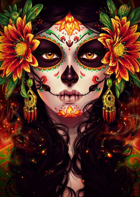 Commission: Dia De Muertos on Behance Catrina Tattoo, Sugar Skull Artwork, Sugar Skull Girl, Den Mrtvých, Day Of The Dead Art, Sugar Skull Makeup, Day Of Dead, Retro Posters, Flowers In Her Hair