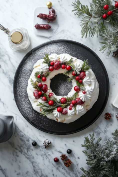 Christmas Pavlova Wreath Recipe: A Snowy Dessert Wonderland for the Holidays! - The Fresh Man cook Winter Pavlova Recipe, Pavlova Wreath Recipe, Pavlova Christmas Wreath, Pavlova Recipe Christmas, Pavlova Wreath Christmas, Gingerbread Pavlova, Christmas Pavlova Ideas, Pavlova Grazing Platter, Pavola Desserts