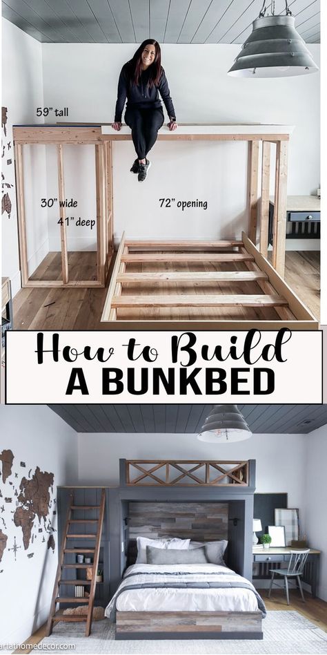 DIY TWIN AND QUEEN BUNKBED FOR KIDS AND TEENS Build A Bunk Bed, Diy Built In, Bunk Bed Rooms, Queen Bunk Beds, Diy Bunk Bed, Bunk Beds Built In, Built In Bunks, Bunk Rooms, Shared Room