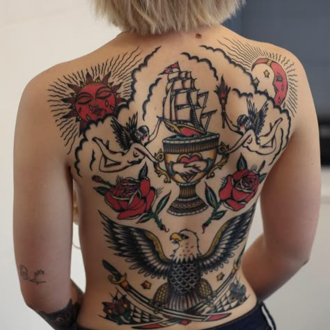 #traditional #tattoo #classic #vintage #oldschool #girl #back #backpiece #color Greek God Traditional Tattoo, Women Tattoo Chest Piece, Back Piece Tattoos For Women Traditional, Chest American Traditional Tattoo, Back Tattoo Women American Traditional, Back Tattoo Traditional Women, European Tattoos Traditional, American Traditional Back Piece Woman, Traditional Tattoos Of Women