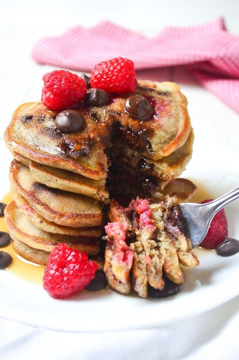 Raspberry Chocolate Chip Pancakes - My Recipe Magic #sweet #easy #raspberries Decadent Breakfast, Recipes With Fruit, Raspberry Pancakes, Lemon Press, Kitchen Chemistry, Raspberry Chocolate Chip, Foods Breakfast, French Toast Recipes, Breakfast Brunch Ideas