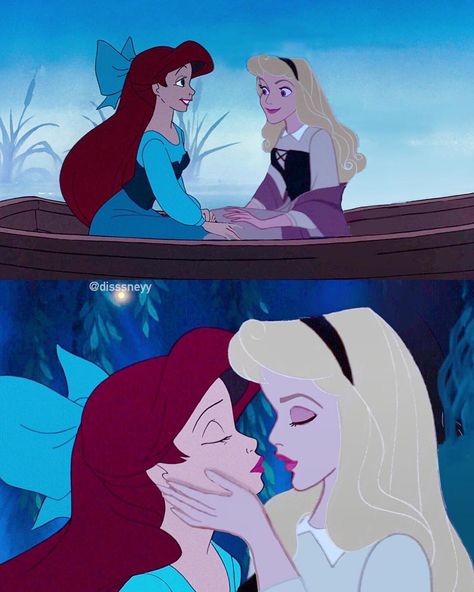 Disney Princess Kiss, Disney Princess Yuri, Creepy Disney, Disney Kiss, Goth Disney Princess, Couples Disney, Funny Princess, Gay Tattoo, Disney Ships