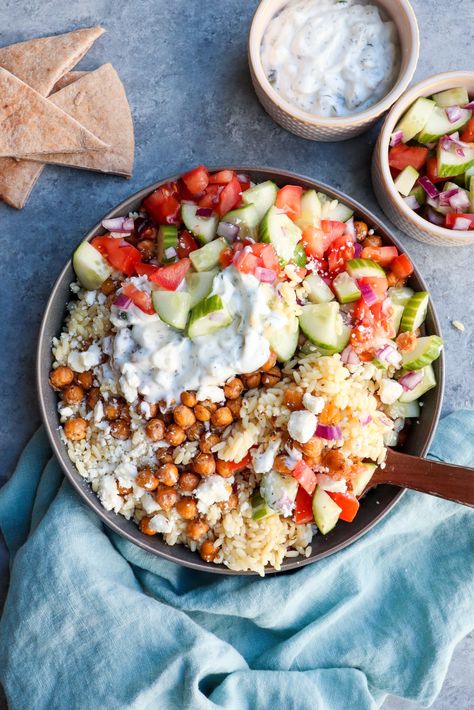 roasted greek chickpeas & orzo bowl | cait's plate Orzo Bowl, Greek Bowl, Greek Chickpeas, How To Cook Orzo, Healthy Plates, Roasted Chickpeas, Eating Plan, Mediterranean Diet Recipes, Vegetarian Meals