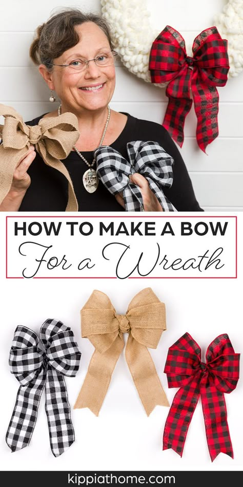 Three handmade ribbon bows, burlap, black and white check and red and black check ribbon Making Bows For Wreaths, How To Make A Ribbon Bow, Diy Wreath Bow, Easy Bow, Christmas Bows Diy, Xmas Games, Christmas Wreath Bows, Wreath Bows, Homemade Bows