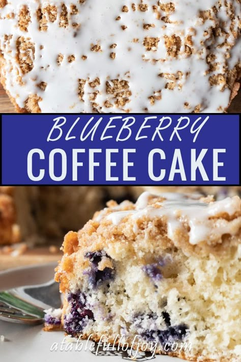 Blueberry Coffee Cake, An easy and delicious blueberry coffee cake that is perfect year-round! Topped with lots of crumb topping and a yummy glaze- you can’t go wrong with this blueberry coffee cake! #coffeecake #bisquick #homemade #blueberry #recipes #cinnamon #easy #atablefullofjoy Blueberry Streusel Coffee Cake, Blueberry Coffee Cake Recipe, Blueberry Streusel, Streusel Coffee Cake, Apple Cakes, Blueberry Coffee Cake, Blueberry Coffee, Blueberry Desserts, Breakfast Sweets