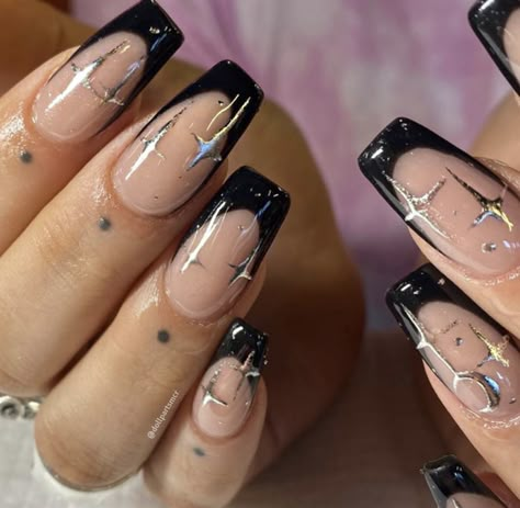 Black French Tip Nails Square With Charms, Black Nail Design Square, Witchy French Tip Nails, Black French Tip Nails Sparkle, Square Witchy Nails, Black And Silver French Nails, Black Sparkling Nails, Glam Black Nails, Black Nail Designs French