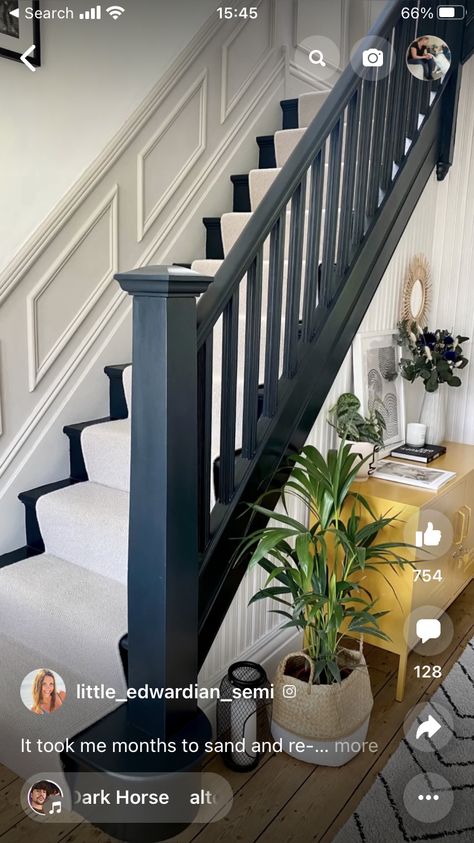 Dark Bannister Ideas, Neutral Staircase, Runner Carpet Stairs, Blue Hallways, Black Bannister, Stairs Carpet Ideas, Stair Runners Ideas, Stair Master Workout, Stair Panels