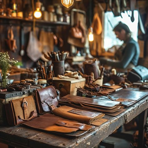 Artisan Leather Workshop: An artisan leather craftsman diligently works in a cozy, vintage workshop filled with handcrafted goods. #artisanship #leather #workshop #craftsmanship #handcrafted #aiart #aiphoto #stockcake ⬇️ Download and 📝 Prompt 👉 https://stockcake.com/i/artisan-leather-workshop_110955_5120 Leatherwork Aesthetic, High Tech Fashion, Vintage Workshop, Workshop Table, Leatherworking Tools, Bullet Journal Ideas Templates, Leather Factory, Leather Craftsmen, Leather Industry