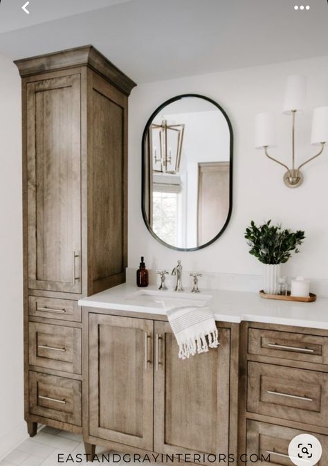 Natural Wood Vanity, Kid Friendly Home, Gray Interiors, Decorate House, Wood Bathroom Cabinets, Shaker Village, Bathroom Plans, Cabin Bathrooms, Wood Bathroom Vanity