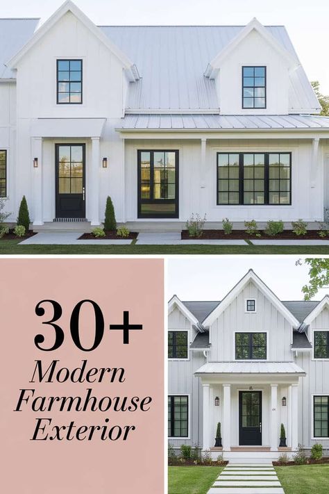 30+ Modern Farmhouse Exterior Ideas to Transform Your Home  Explore stunning modern farmhouse exteriors that can change your home's look. From charming wood accents to inviting porches and stylish siding these ideas blend rustic and contemporary design. Enhance your curb appeal with beautiful landscaping and cozy outdoor spaces. Your dream home awaits with these creative inspirations! https://fabricerie.com/modern-farmhouse-exterior Modern Farmhouse One Story Exterior, Board And Batten Mixed With Horizontal Siding, Modern Farmhouse California, Dream Home Exteriors Modern Farmhouse, Modern Farmhouse Stucco Exterior, Vinyl Siding Farmhouse, Farmhouse Exterior Doors Entrance, Siding Ideas Exterior Farmhouse, White Farmhouse With Black Shutters