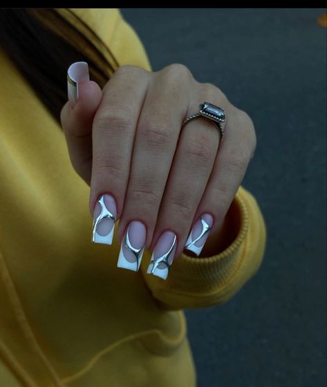 Wow Nails, Girly Acrylic Nails, Silver Nails, Square Acrylic Nails, Manicure Y Pedicure, Fire Nails, Funky Nails, Best Acrylic Nails, Square Nails