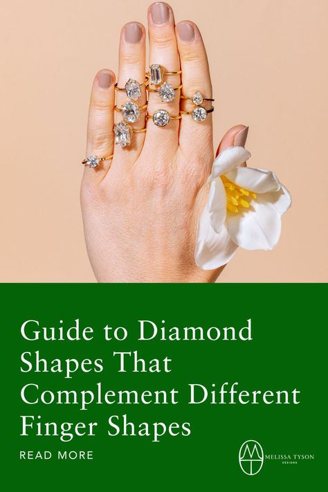 Picking the perfect diamond shape is more than just a matter of taste; it's also about finding a shape that complements your finger type. Just like clothes, certain diamond shapes can enhance the natural beauty of your hands. Whether you have long, short, slim, wide, or petite fingers, there is a diamond shape that will look just right on you. 😊 Short Fingers, Organic Engagement Rings, Engagement Rings On Finger, Best Diamond Rings, Dimond Ring, Shape Chart, Handcrafted Engagement Ring, Best Engagement Rings, Engagement Ring Guide