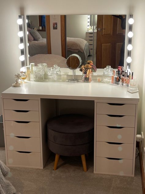 Ikea Alex Desk Bedroom, Alex Draw Desk, Ikea Light Mirror, Ikea Mirror With Lights, Ikea Desk In Bedroom, Alex Makeup Desk, Ikea Alex Dressing Table, Alex Vanity Ikea, Alex Desk Vanity